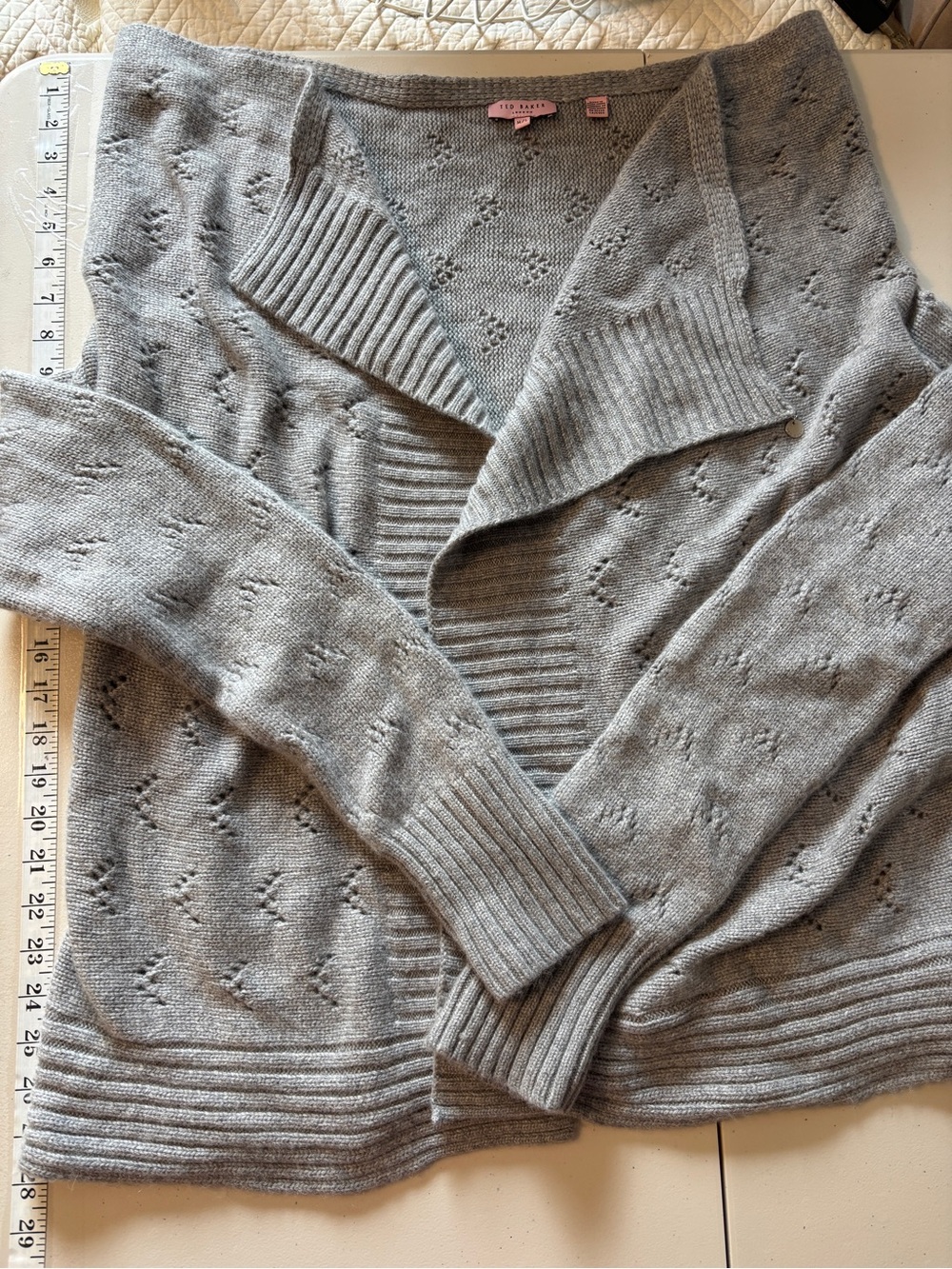 Ted Baker Waterfall Cardigan Size Medium Large Eyelet Knit Quiet Luxury Cashmere
